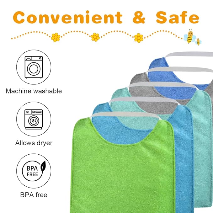 Vicloon Baby Bibs, 5PCS Terry Bib Set, Baby Bibs for Boys, Girls, Terry Drool Cotton Bibs Waterproof protection, Adjustable Elastic Strap, Baby Bandana Drool Bibs for Feeding, Teething Drooling(BULE)