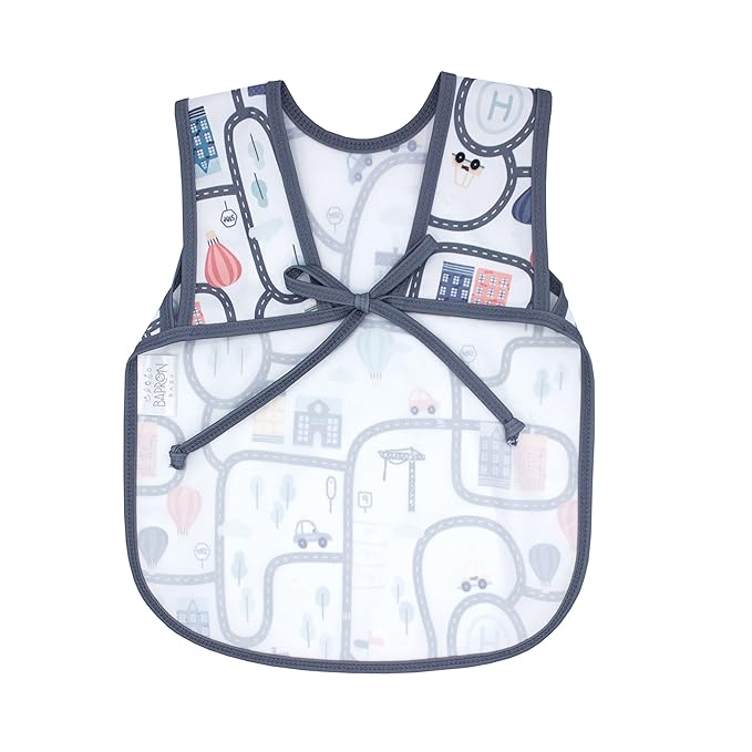 BapronBaby Tiny Town Bapron - No Neck Tie Safer Bib for Baby & Toddler - Soft Waterproof Stain Resistant - Machine Washable - Sz Baby/Toddler 6m-3T