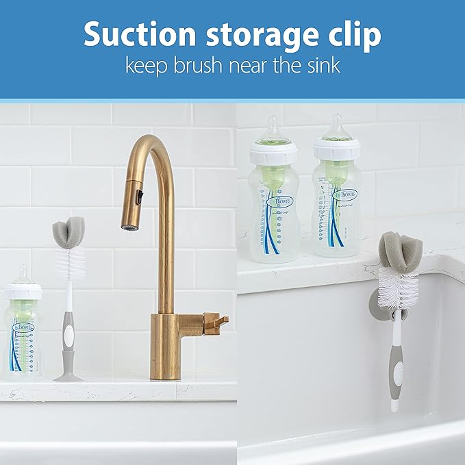 Dr. Brown's Reusable Sponge Baby Bottle Cleaning Brush Set with Suction Cup Stand, Scrubber and Nipple Cleaner, Gray, 3 Pack