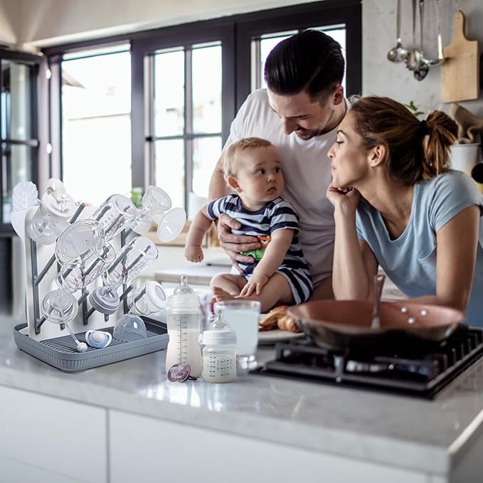 Termichy Baby Bottle Drying Rack: Vertical Bottle Dryer Rack Holder with Brushes Set- Drying Rack & Nipple Scrubber-Space Saving Standing Drying Rack for Baby Bottles and Pump Part Cleaning