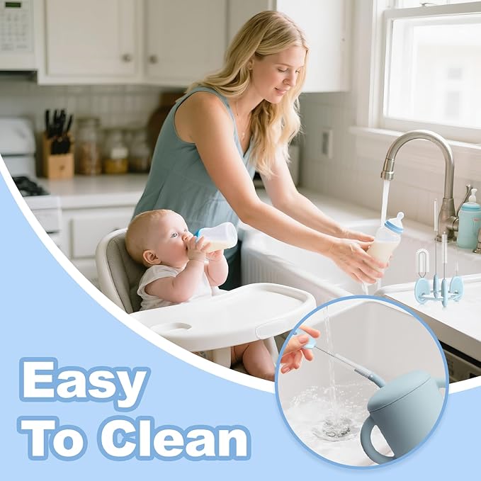 YOTIME Standing Straw Cleaner Brush Set, 4in1 Reusable Straw Brushes with Holder Ring, for Baby Bottles, Sippy Cups and Lids, Blue