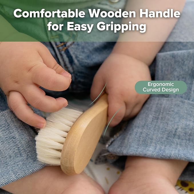 haakaa Wooden Baby Hair Brush for Newborns and Toddlers Baby Brush Natural Soft Wool Bristles Hairbrush, Ideal for Cradle Cap, Perfect Baby Registry Gift with Carry Pouch, 1PC