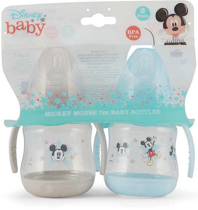 Disney 2 Pack 7 Ounce Baby Bottles with Character Prints and Colored Covers with Double Handle - BPA Free and Easy to Clean