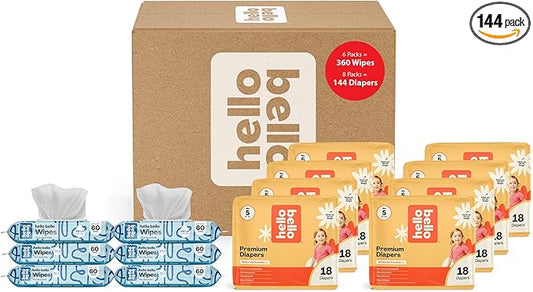 Hello Bello Mega Surprise Pack, Size 5 (27+ lbs), 144ct Hypoallergenic Assorted Diapers with a Soft, Cloth-Like Feel Plus 360 Ultra Gentle Unscented Baby Wipes in 6 Resealable Packs
