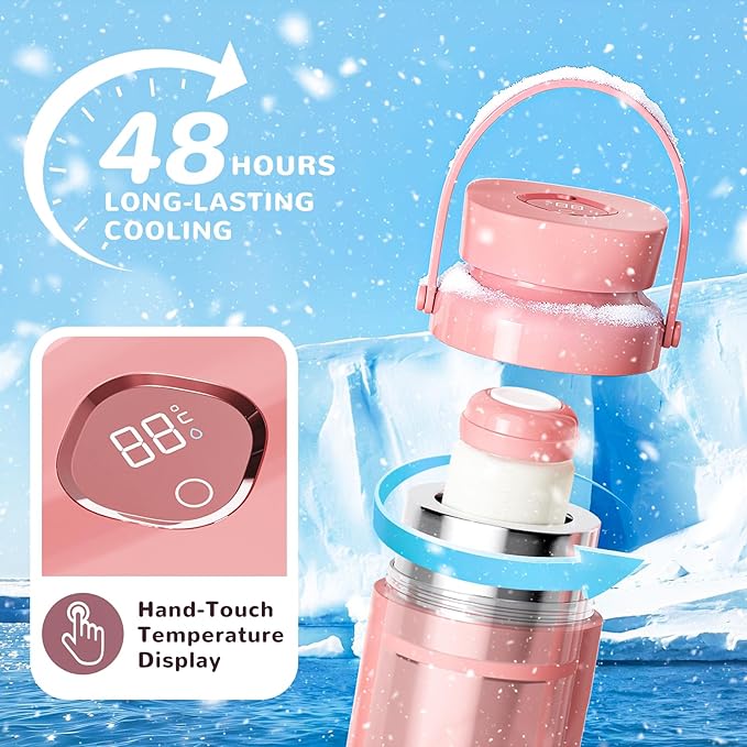Portable Breast Milk Cooler Bottle - 48 Hours Cold Storage, 22oz Stainless Steel Breastmilk Chiller for Travel, Reusable Milkcooler with 2 Baby Bottles, Outdoor Thermos for Breastfeeding Moms, Pink