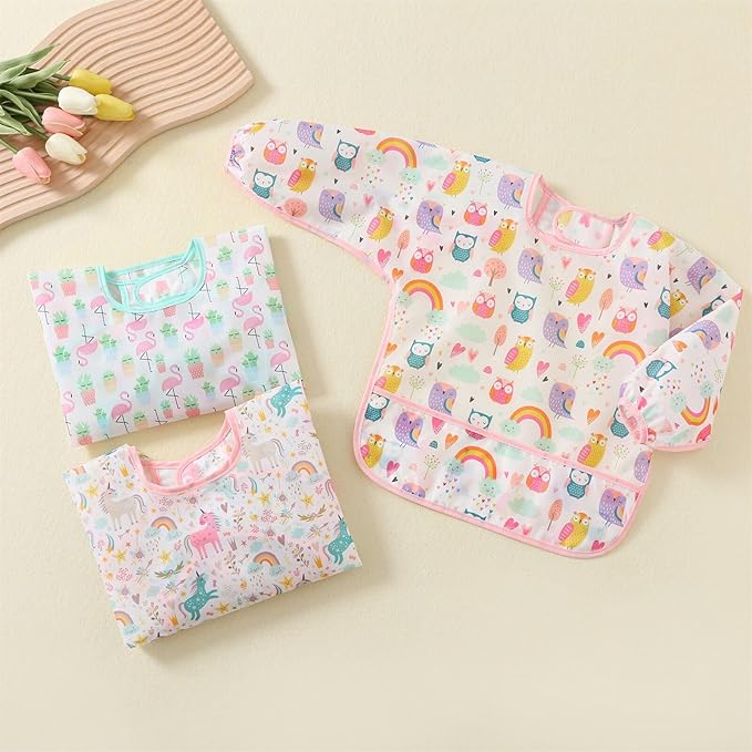 3 Pcs Waterproof Long Sleeves Baby Bibs Weaning Smock Bib 3-24 Months