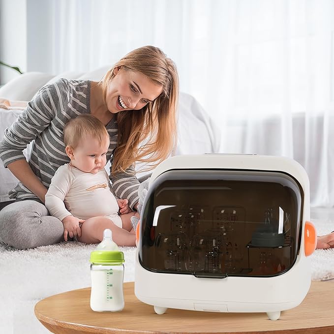 Transparent Baby Bottle Drying Rack with Double Lid and Removable Drain Tray Dust-Proof Baby Bottle Storage Box, Space Saving Baby Bottle Rack Dryer (Orange - Sterilizer)