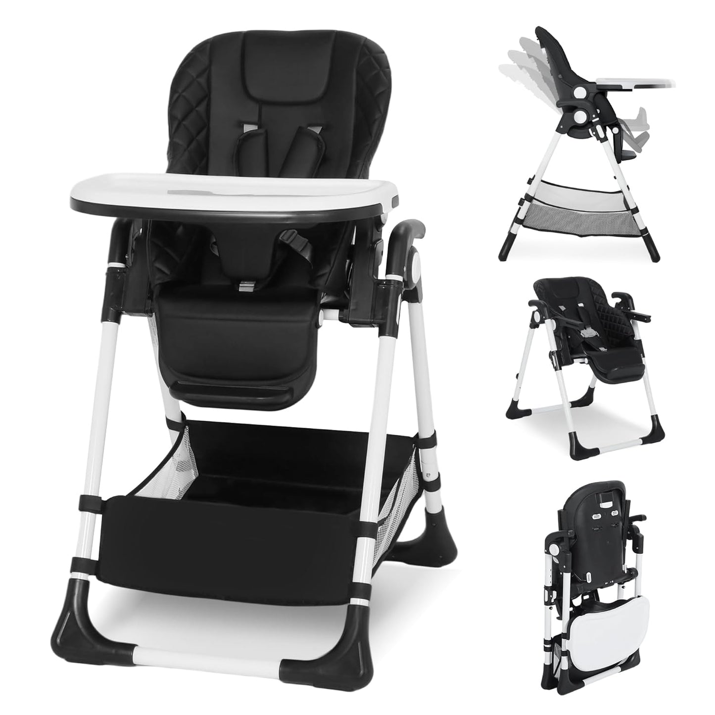 Kinder King Convertible Baby High Chair, Adjustable Feeding Chair for Babies and Toddlers with Removable Double Tray, Simple Compact Fold for Space-Saving, 2 Built-in Wheels, Easy to Clean, Black