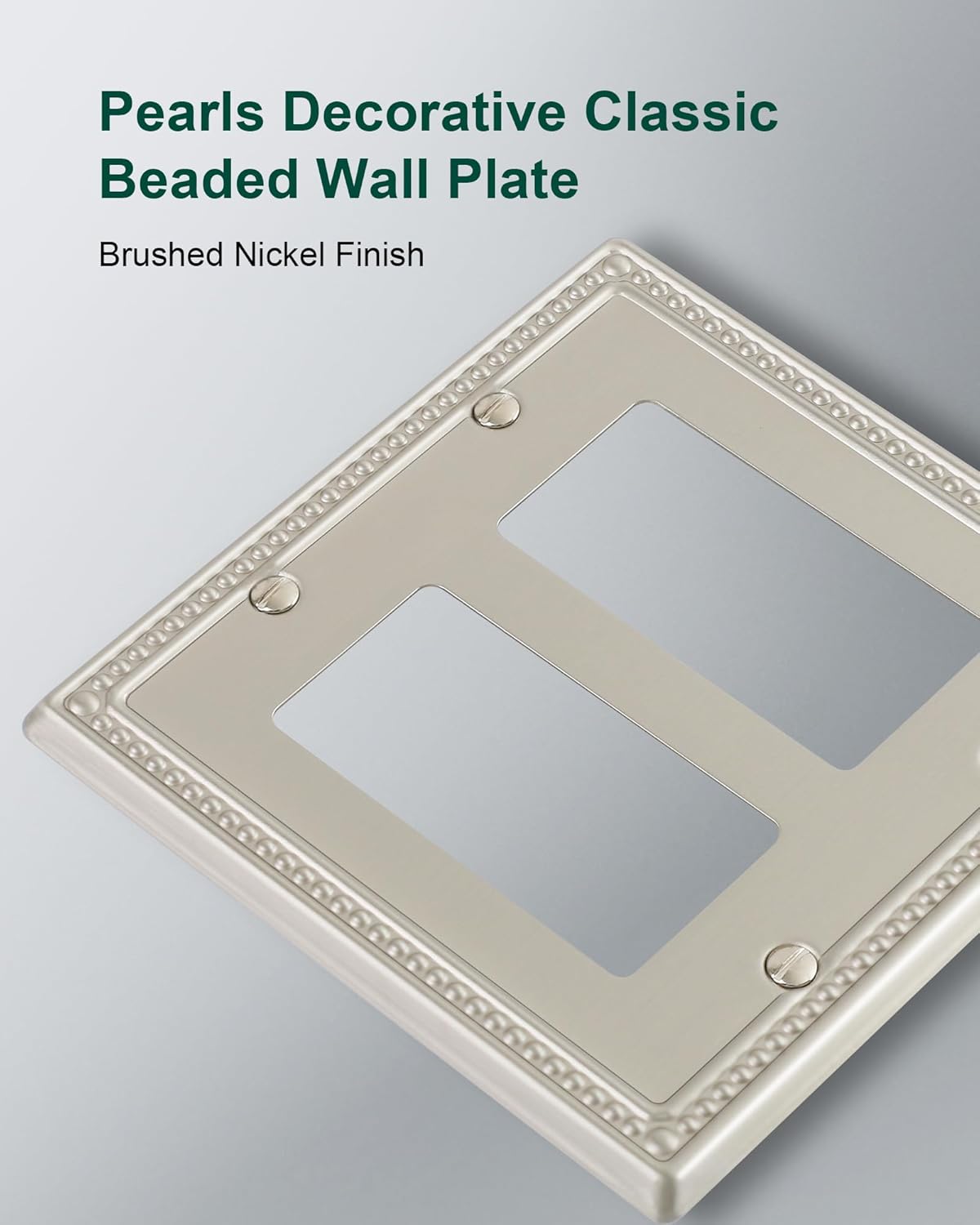 2-Pack Double Decorator Outlet Cover Plate, Pearls Decorative Switch Plates and Outlet Covers, 2 Gang Brushed Nickel Metal Wall Plates, Corrosion Resistant