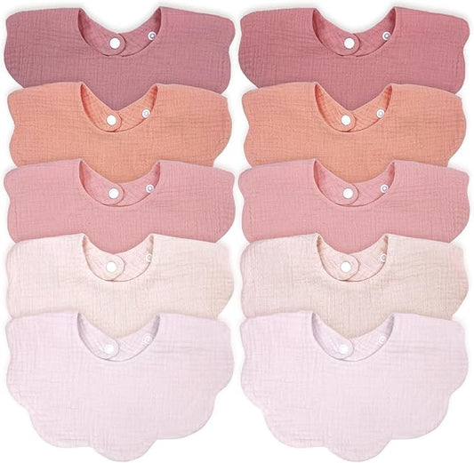 EllieHouse Baby Bibs for Girls Boys 10Pack Muslin Drool Teeth Drooling Teething Bibs Muslin Cotton for Infant Toddler