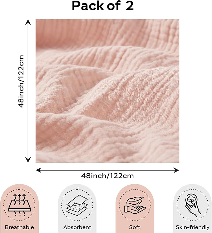 JELLYMONI Muslin Swaddle Blankets for Unisex, 2 Pack Newborn Receiving Blanket, Large 47 x 47 inches Soft Breathable Muslin Baby Blanket for Newborn Boys & Girl