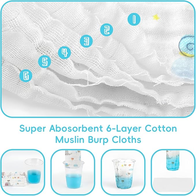 FOOK FISH Muslin Burp Cloths Cotton Burping Cloth 20'' X 10'' Pack of 6 for Baby Spit Up Cloths for Newborn,Absorbent,Soft,Large,6 Layers,Baby Burp Rags,Unisex,for Boys and Girls(Colorful)