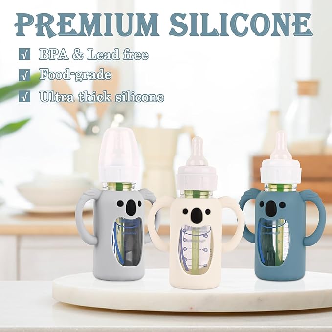 HUAKENER 3 Pack Silicone Sleeves with Handles for Dr Brown's Glass Baby Bottles 4 oz, Anti Breakage Baby Bottle Holder, Compatible with Dr. Brown's Natural Narrow Glass Baby Bottles