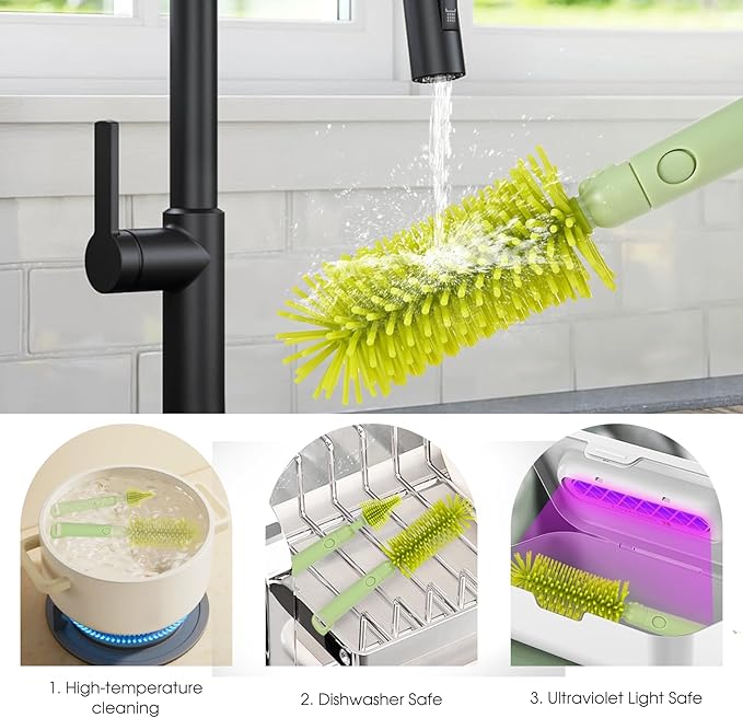 Portable Baby Bottle Brush Set, 7-in-1 Travel Baby Bottle Cleaning Kit, Portable Bottle Washing Kit with Silicone Bottle Brush, Nipple Brush, Straw Brush, Drying Rack for Home & Travel (Green)