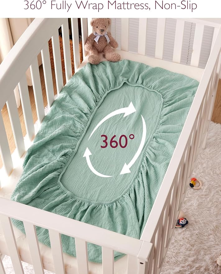 Momcozy Muslin Standard Fitted Crib Sheets, 52"x28", 2 Pack Soft Breathable Natural Cotton Baby Mattress Sheet, 360° Mattress Wrapping No Slip Boys Girls Neutral Toddler Bed Sheet, Green Grey