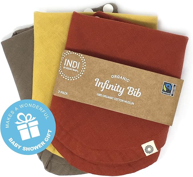 Kishu Baby Indi - Fairtrade Organic Baby Bibs for Girls or Boys - Rounded, 4-Way Reversible, 8 Layer Muslin Drool Bibs