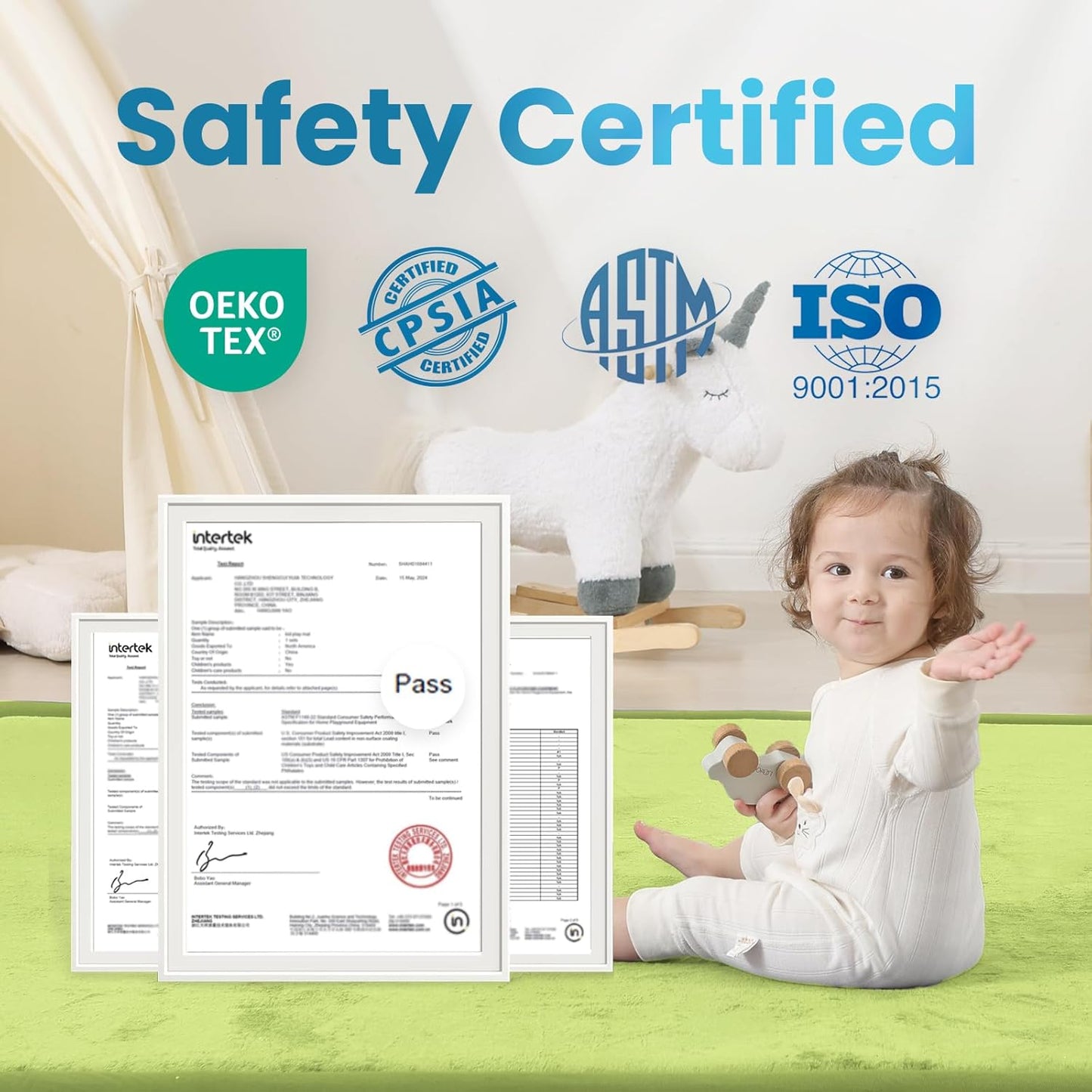 1.3" Thick Baby Play Mat,Ultra Soft Elasti-Foam 50×50 Playpen Mat for Tummy Time,Water-Repellent Coral Fleece Nursery Rug for Infants,Toddlers,Kids,Non-Slip Safe for Crawling(Light Green)