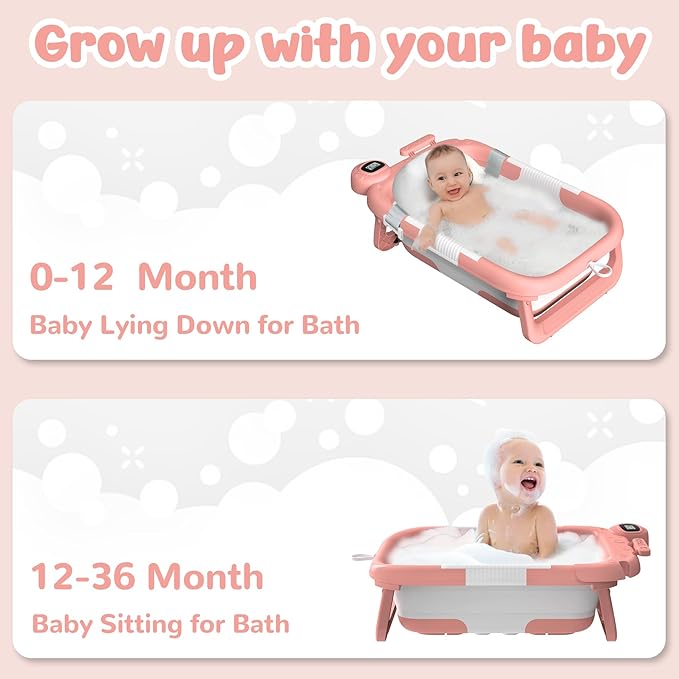 Collapsible Baby Bathtub for Newborn to Toddler (0-24 Months), Portable Baby Bath Tub for Travel, Newborn Bathtub with Soft and Supportive Cushion (Astronaut-Pink)