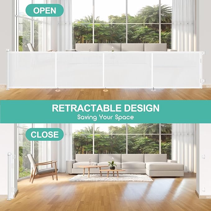 Upgrade 180 inch Retractable Baby Gates, EZIGO Extra Wide Baby Gate for Large Opening Extra Long Mesh Gate for Kids or Pet Dog Gate Child Safety Gate for Stairs Hallways Doorway Indoor Outdoor, White