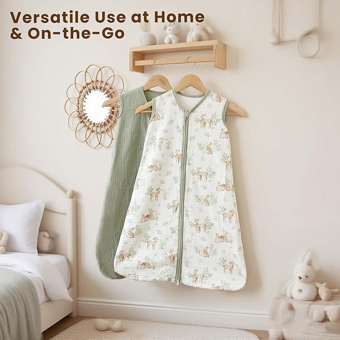 Konssy Muslin Baby Sleep Sack 6-12 Months 0.8 TOG, 2 Pack 100% Cotton Wearable Blanket for Babies, 2-Way Zipper Breathable Sleeping Sack Infant Toddler Essentials for Girls and Boys (Woodland,Sage)