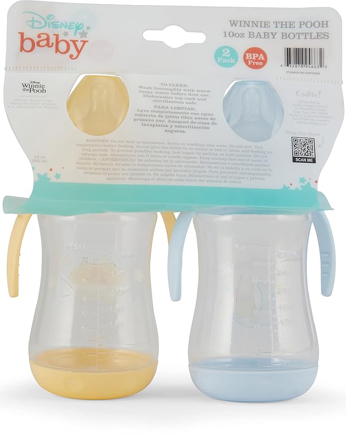 Disney 2 Pack 10 Ounce Baby Bottles with Character Prints and Colored Covers with Double Handle - BPA Free and Easy to Clean