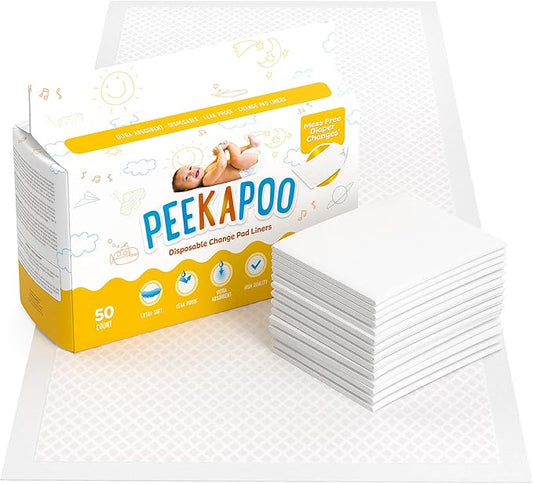 Peekapoo - The Original Disposable Baby Changing Pad Liners – 50 Pack | Super Soft, Waterproof, Ultra Absorbent | Portable, Travel-Friendly, Mess-Free Diaper Changes Anywhere
