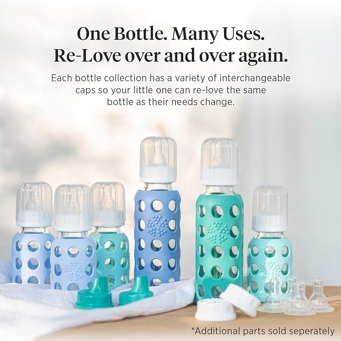 Lifefactory 4-Ounce BPA-Free Glass Baby Bottle with Stage 1 Nipple and Protective Silicone Sleeve, Stone Gray