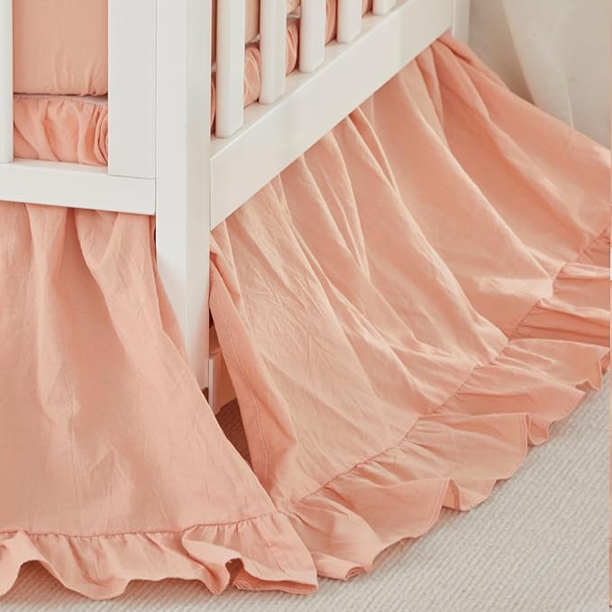 Brandream Gender Neutral Boho Bohemian Baby Girl Nursery Crib Bedding Set 3 Pieces Solid Blush Farmhouse Chic Ruffle Unisex Cozy 100% Washed Cotton