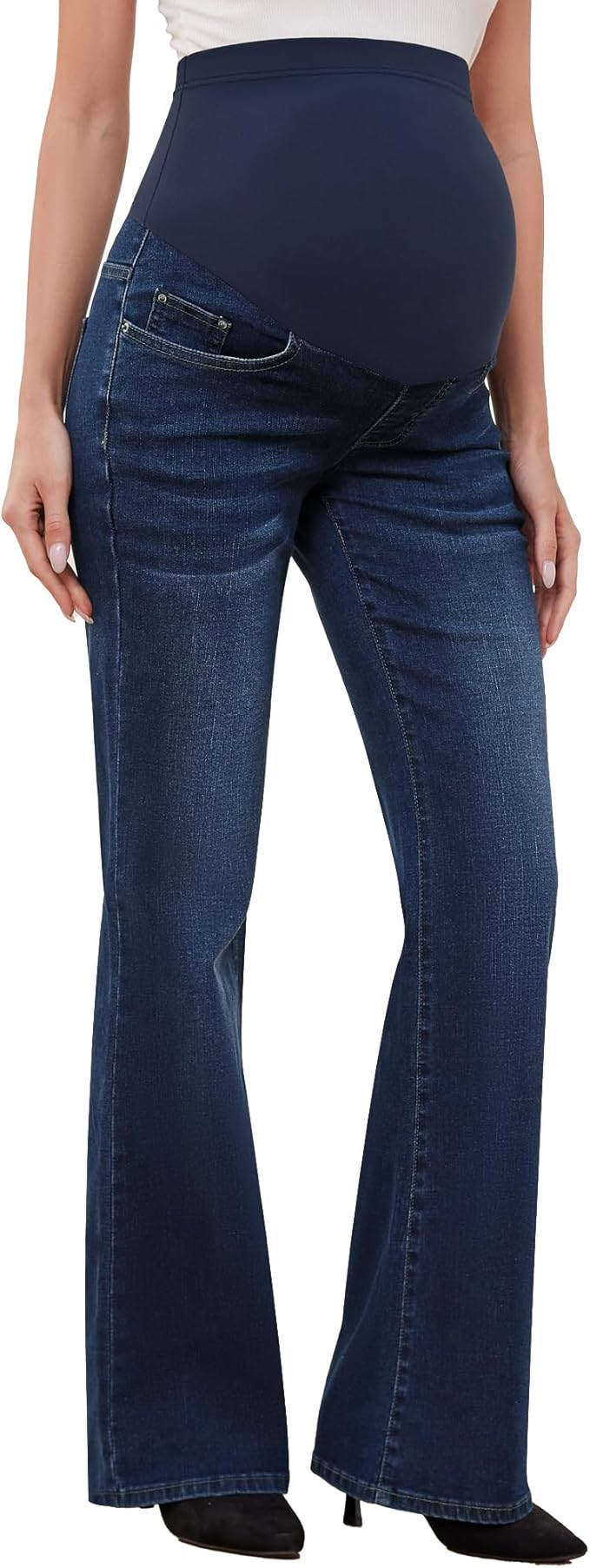GLAMIX Women's Stretch Maternity Bootcut Jeans with Pockets Over The Belly Bell Bottoms Flare Denim Pants Pregnancy Clothes