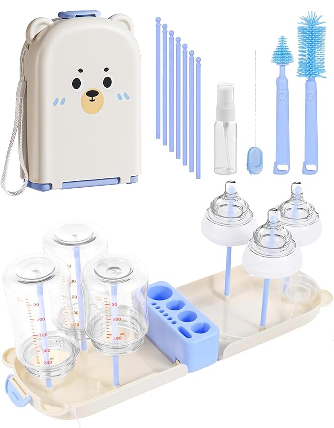 Travel Bottle Cleaner kit, 7in1 Baby Airplane Travel Essentials Silicone Travel Bottle Brush Set with Nipple, Drying Rack, Straw, & Breast Pump, Soap Dispenser & Organizer Case, Gift for Mom (Blue)