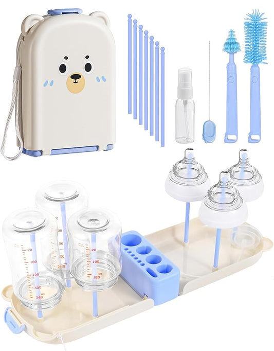 Travel Bottle Cleaner kit, 7in1 Baby Airplane Travel Essentials Silicone Travel Bottle Brush Set with Nipple, Drying Rack, Straw, & Breast Pump, Soap Dispenser & Organizer Case, Gift for Mom (Blue)
