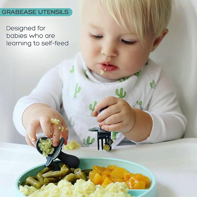 Grabease Baby Silverware Set - Toddler Spoon for Self-Feeding Support - Anti-Choke Collar Infant Fork - Phthalate-Free Construction Baby Feeding Utensils - Mint, Plastic, Pack of 1