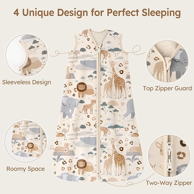 Baby Sleep Sack 0-6 Months 100% Cotton Lightweight 0.5 TOG Wearable Blanket Baby Sleep Bag with 2-Way Zipper for Newborn Infant Apricot Elephant