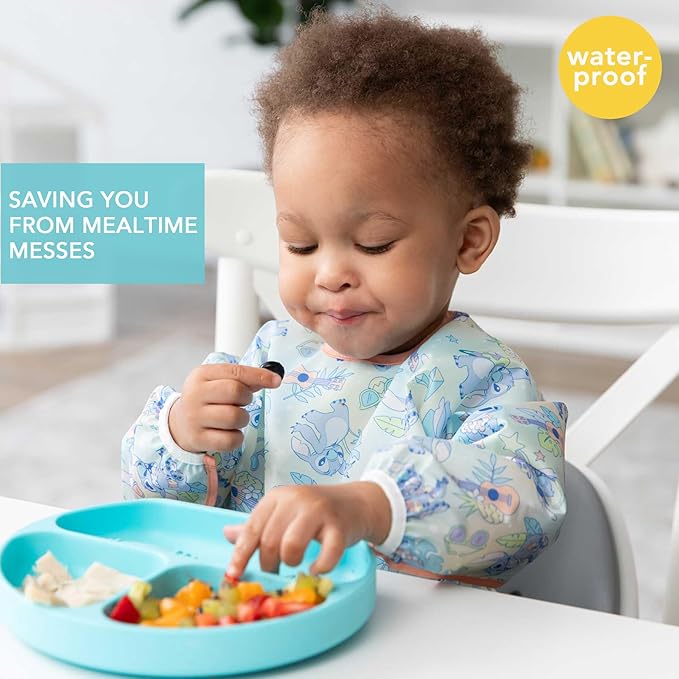 Bumkins Disney Sleeved Bib for Girl or Boy, Baby and Toddler for 6-24 Mos, Essential Must Have for Eating, Feeding, Baby Led Weaning Supplies, Long Sleeve Mess Saving Food Catcher, Aloha Stitch