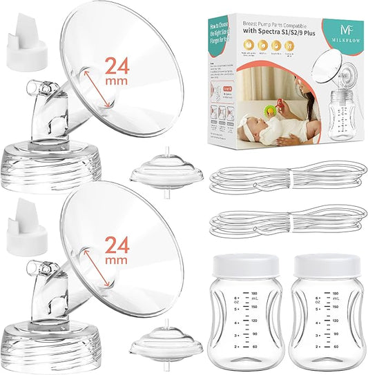 Breast Pump Parts Compatible with Spectra S1,S2,S9 Plus, Replacement Kit for Spectra Pump Parts 2PC Include 24 mm Flange, Duckbill Valve, Tube,Bottle, Backflow Protector, Not Original Accessories