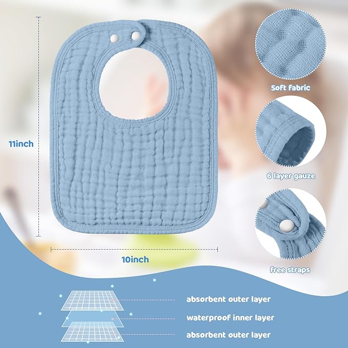 Tallew 8 Pack Baby Bibs and Muslin Burps for Baby Boy Girl Drooling and Teething 20" x 10" Burp Cloths Absorbent Rag Soft Cotton Bibs for Newborn Toddler Infant 0-24 Month Essentials(Blue Series)