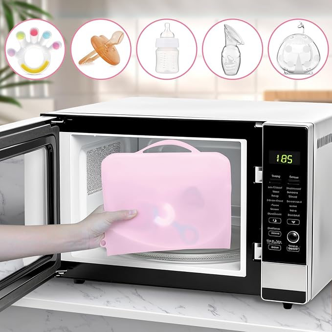 Silicone Microwave Steam Sterilizer Bag for Baby Bottles, Reusable Sterilizing Bag for Pump Parts and Toddler Accessories, Easy to Use Sterilizer Bags Perfect for Home and Travel, Pink& White (2PC)