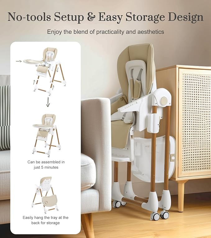 Mallify Foldable High Chairs for Babies and Toddlers, 3-in-1 Convertible Baby High Chair with Removable Soft Cushion and Tray, Adjustable Height & Recline, Lockable Wheels, Cream