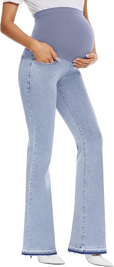 GLAMIX Women's Stretch Maternity Bootcut Jeans with Pockets Over The Belly Bell Bottoms Flare Denim Pants Pregnancy Clothes