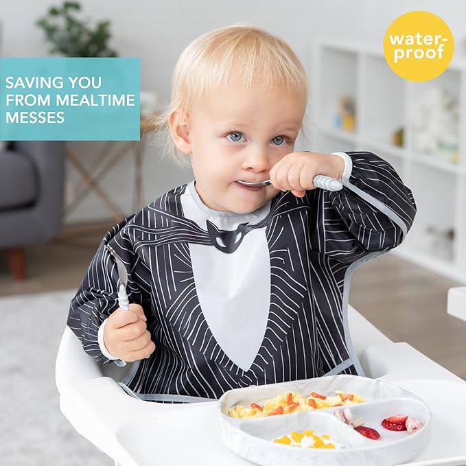 Bumkins Disney Sleeved Bib for Girl or Boy, Baby and Toddler for 6-24 Mos, Essential Must Have for Eating, Feeding, Baby Led Weaning Supplies, Long Sleeve Mess Saving Food Catcher, Jack Skellington