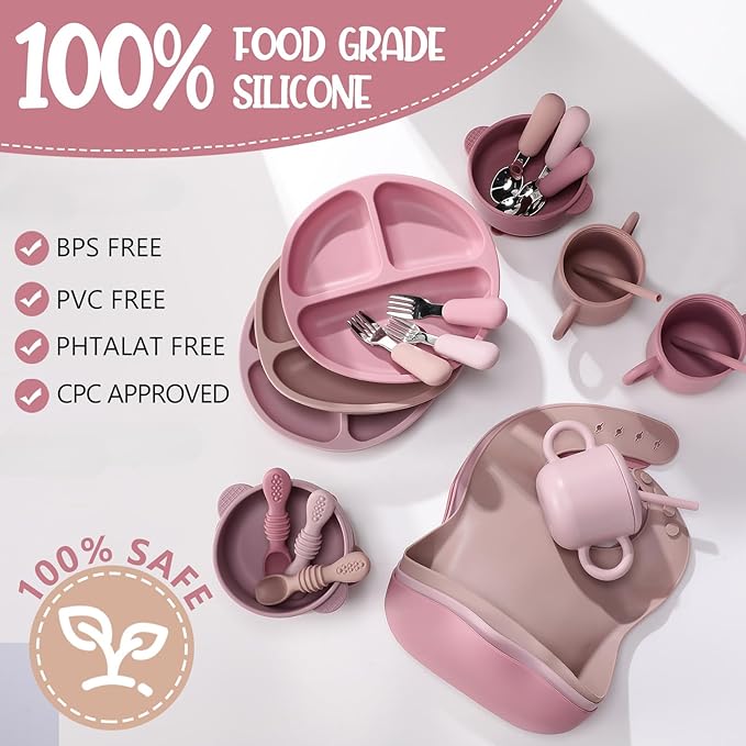 Yinder 24 Pack Silicone Baby Feeding Set Baby LED Weaning Supplies Includes Suction Divided Plates Soft Bowl Spoons Forks Adjustable Bib Snack Cup and Straws(Dark Pink, Dusty Pink, Peach Color)