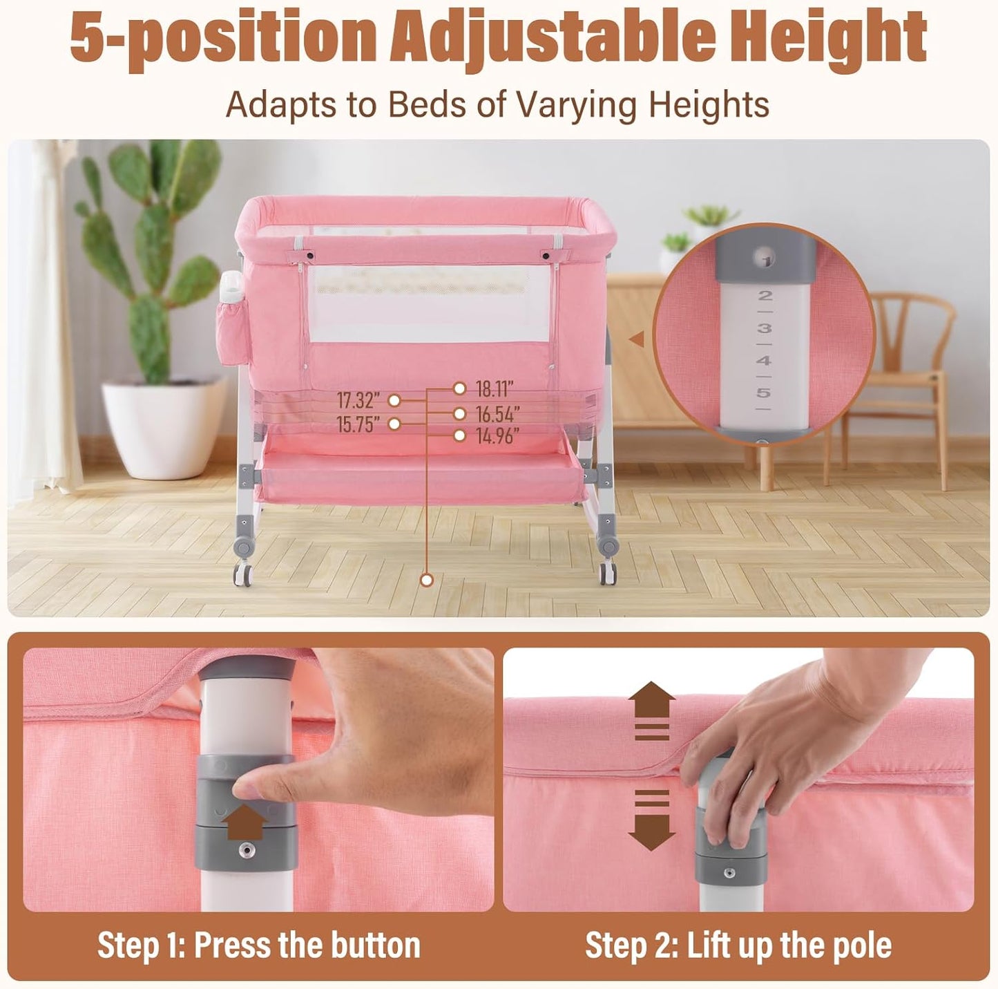 Jaoul 4 in 1 Baby Bassinet Bedside Sleeper Baby Crib, Adjustable Cosleeper for Baby, Easy Folding Portable Baby Bed Rocking Bassinets with Comfy Mattress Mosquito Net Storage for Infant Newborn Pink