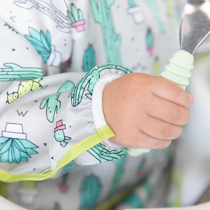 Bumkins - Sleeved Bib - For Boys & Girls, Babies & Toddlers 6-24 Months - Lightweight, Durable, Waterproof - Long Sleeve Bib - Catch-All Pocket - Wipeable & Machine Washable - Cactus & Llama - 2 Pack