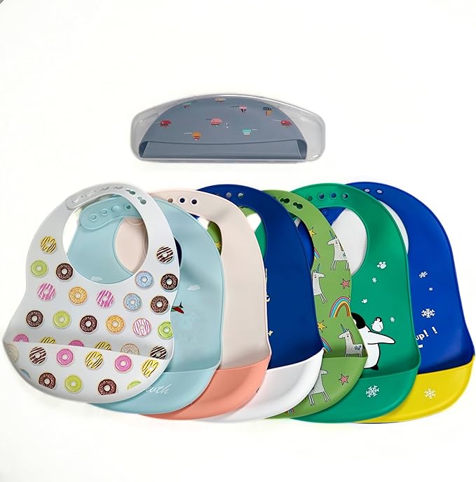 BPA-Free Silicone Baby Bibs with Travel Case, Toddlers Boys/Girls, Large Pocket, Adjustable, Toddlers 6-48 Months