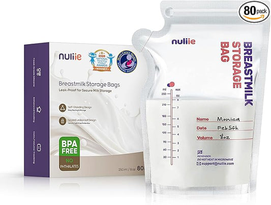 Nuliie 80 Pcs Breastmilk Storage Bags, 8 OZ Breast Milk Storing Bags, BPA Free, Milk Storage Bags with Pour Spout for Breastfeeding, Self-Standing Bag, Space Saving Flat Profile