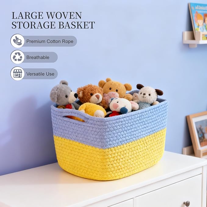 Hopegiver 3 Pack Storage Baskets for Organizing with Handle, Woven Baskets for Shelves - Durable Gift Basket for Cloth Toys Books Baby, Cotton Rope Basket for Dog Cat, 11x8x7 Inch(Blue&Yellow)