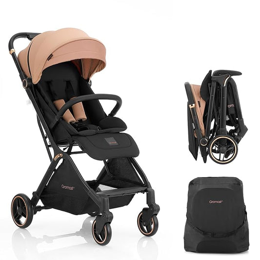 Gravity Folding Baby Stroller - Portable Travel Toddler Stroller w/Adjustable Backrest & Canopy, Cup Holder, Lightweight and UV Protected, One-Hand Automatic Folding - Khaki