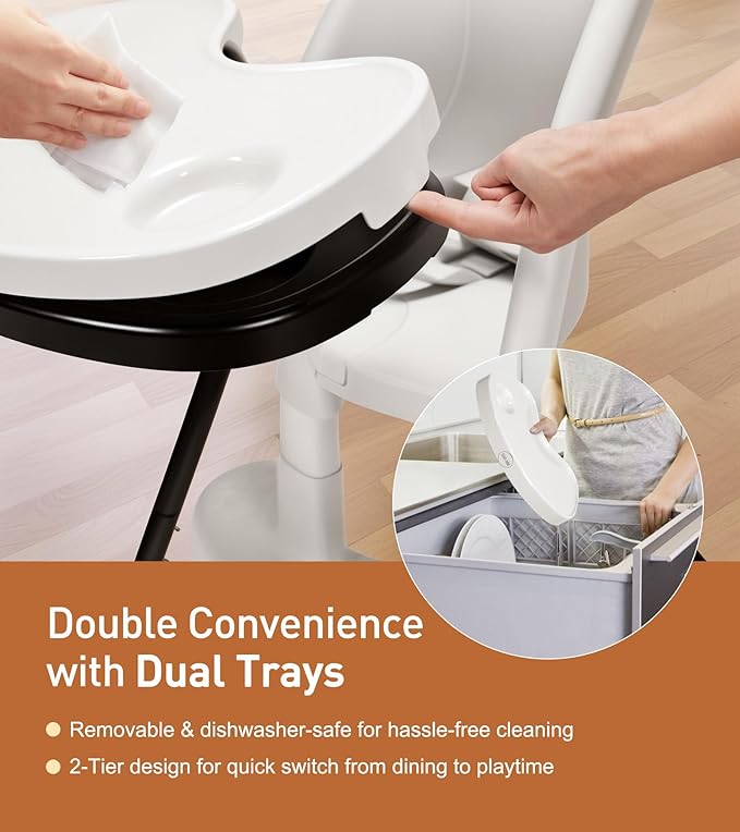 Funny Supply 3-in-1 Cute Folding High Chair, High Chairs for Babies and Toddlers, Modern Space Saving Highchair with Removable Double Tray, Easy to Clean, Light Weight Baby Feeding Chair, White