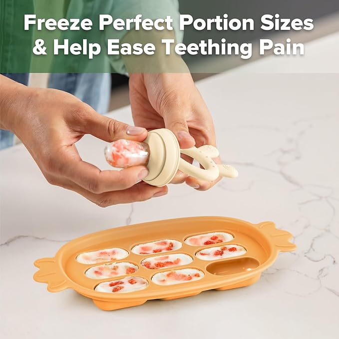Haakaa Baby Fruit Food Feeder & Silicone Freezer Nibble Tray Combo - Breastmilk Popsicle Mold for Baby Cooling Relief, BPA Free Baby Mesh Food Feeder for Infant Self Feeding - Marigold