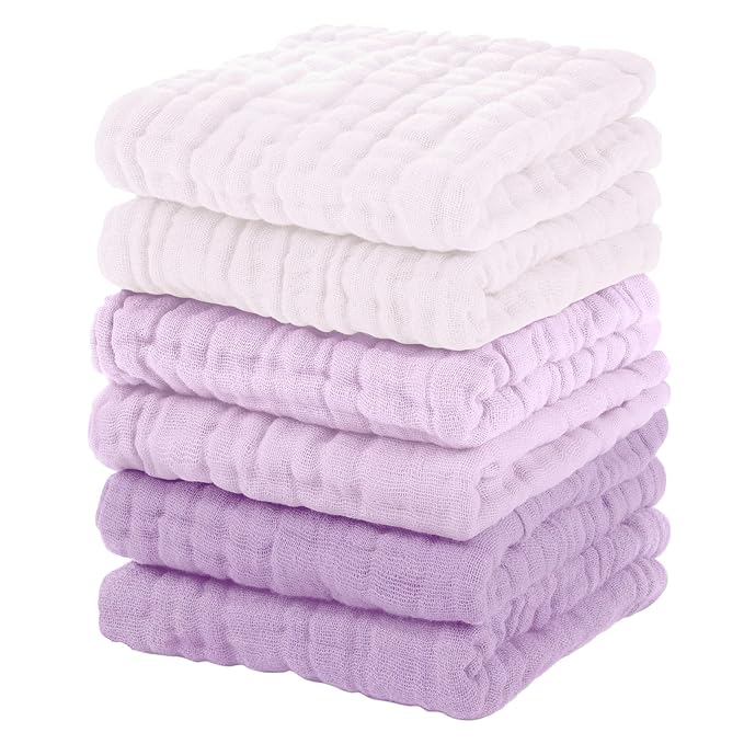 Muslin Baby Washcloths 6 Pack, 100% Cotton Wash Cloths for Babies, Large 12''X12'' Burp Cloths Absorbent and Soft for Newborn Infants Kids Boys Girls - Gradient Purple